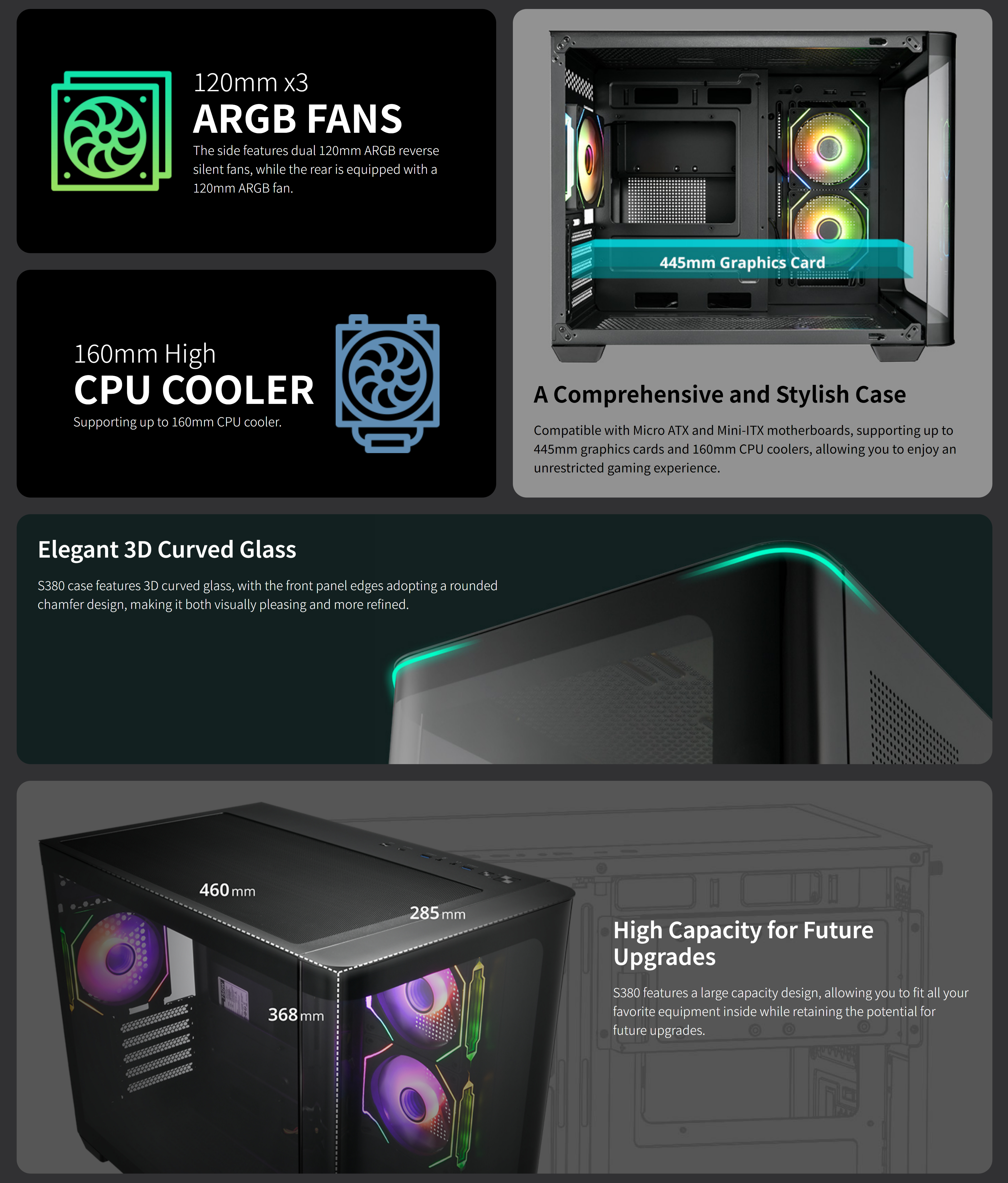 A large marketing image providing additional information about the product FSP S380 Mid Tower Case - Black - Additional alt info not provided